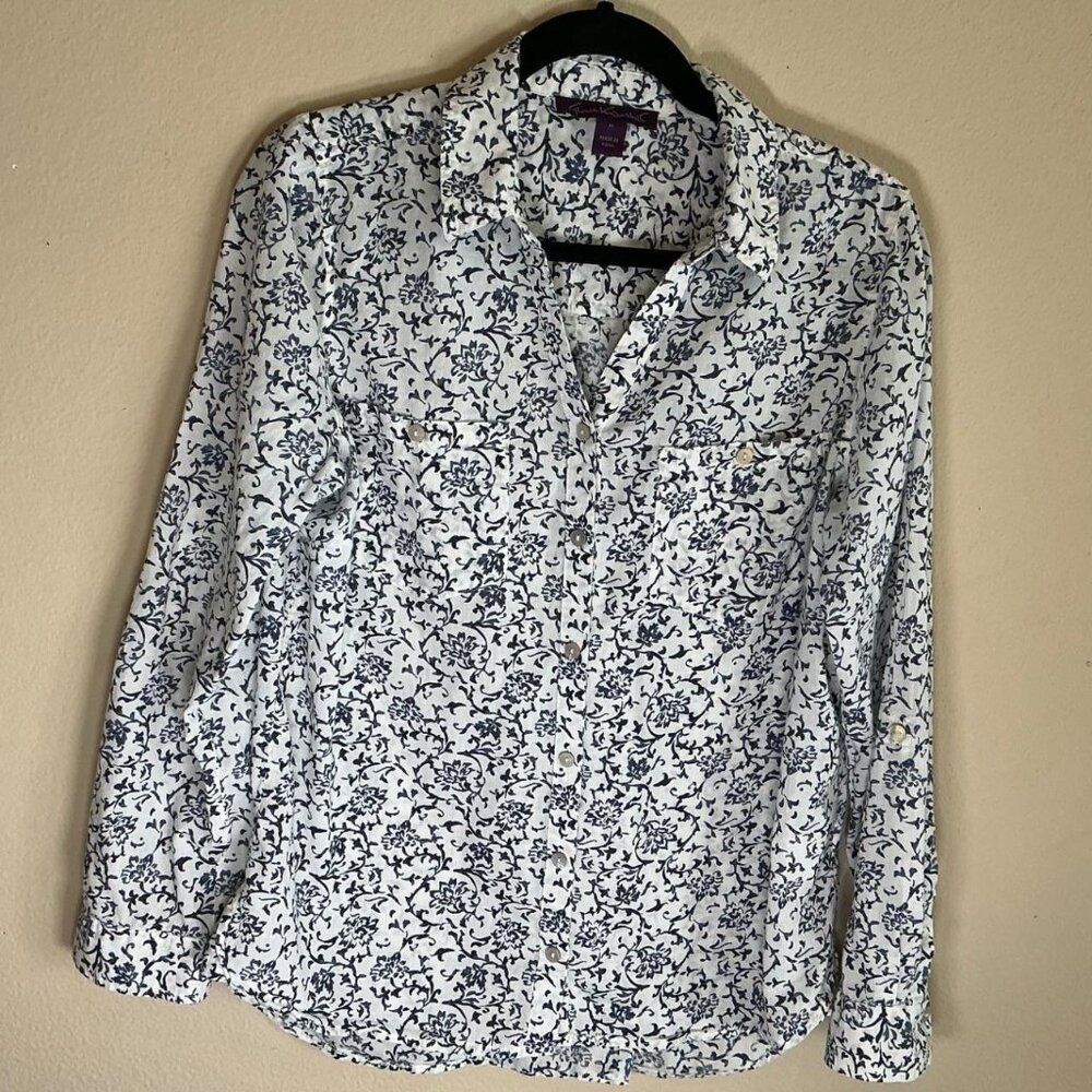 Gloria Vanderbilt Women's Blue and White Shirt, Size Medium